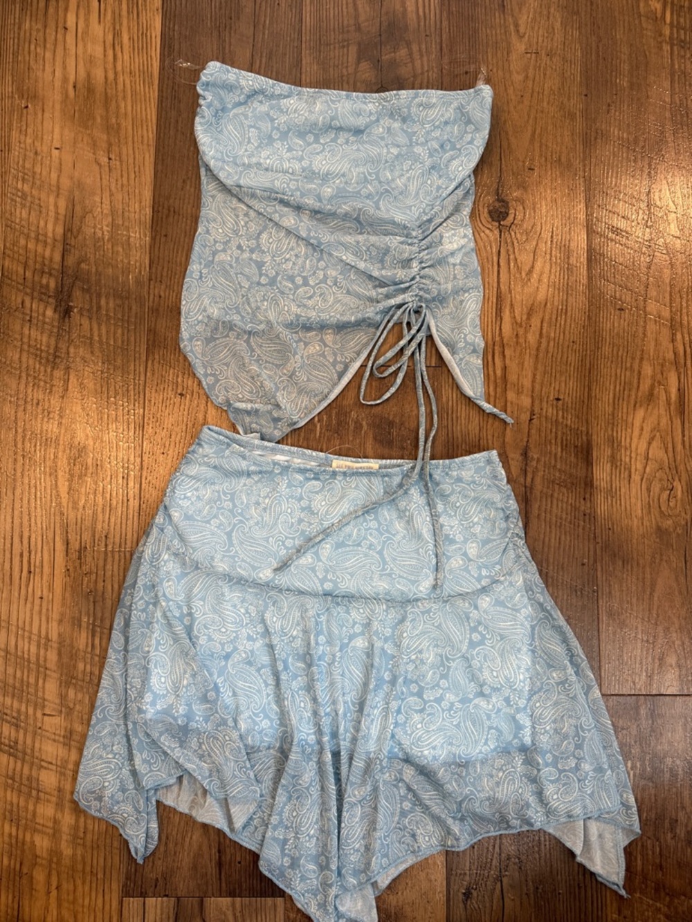 Two Piece Light Blue Paisley Strapless Top and Drawstring Skirt - Women